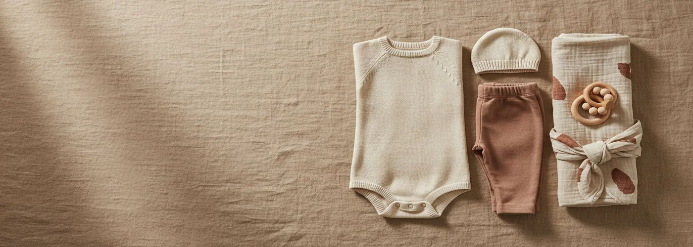 A flat lay of folded baby clothes and a wooden rattle on oatmeal linen.