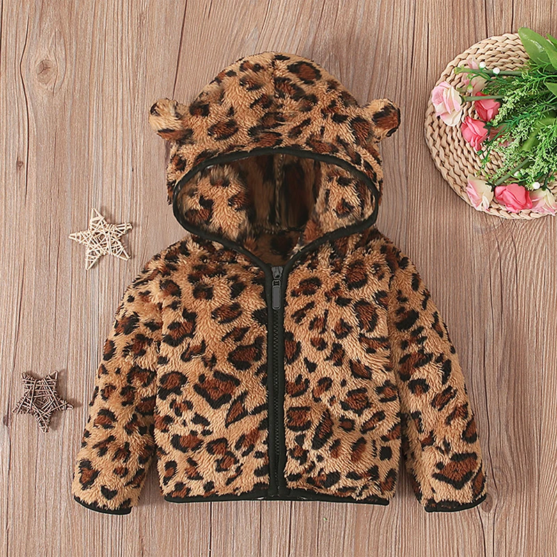 0-24months Baby Leopard Jacket Long Sleeve Hooded Coat For Girls And Boys Spring Autumn Zipper Leopard Print Furry Outwear