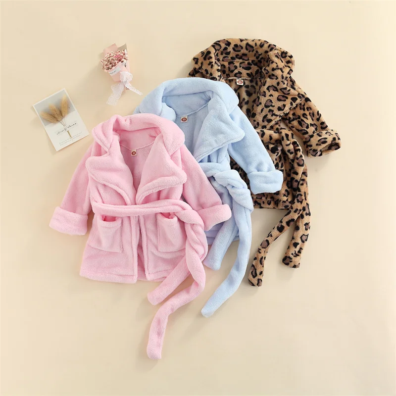 0-6Y Baby Plush Robe Sleepwear Boys Girls Autumn Winter Clothing Long Sleeve Belted Bathrobe Toddler Kids Pajamas