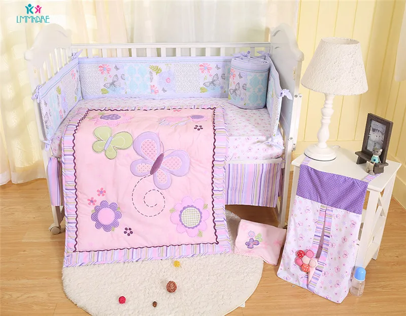 100% Cotton Baby Bed Bumpers Breathable Purple Butterfly Embroidery Baby Girls Bed Sheet Quilt Bed Skirt Baby Crib Bedding Sets