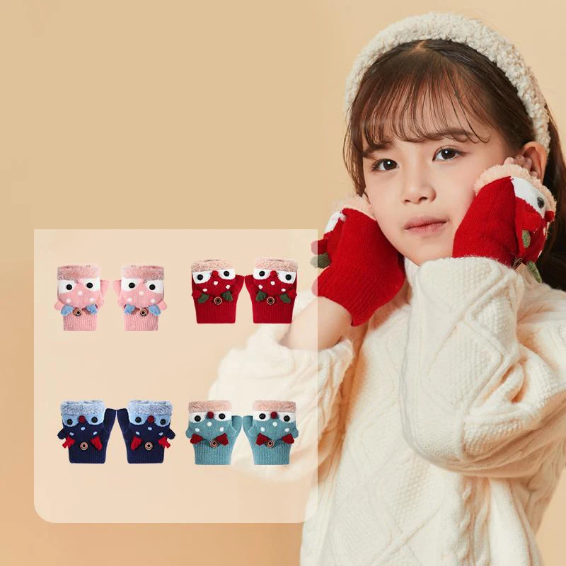 1Pair Children Winter Gloves Christmas Cute Cartoon Elk Flip Half-Finger Mittens For Kids Warm Plush Lined Fingerless Gloves