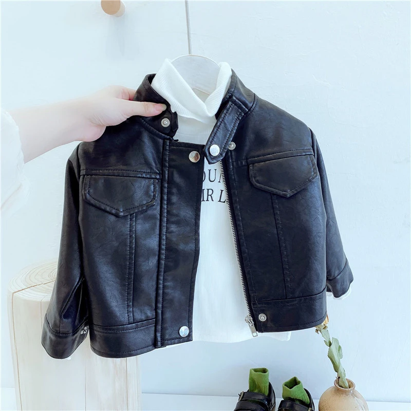 2023 Baby Spring Clothingr Leather Jacket Coat Casual Leather Jacket For Children Thick Paragraph
