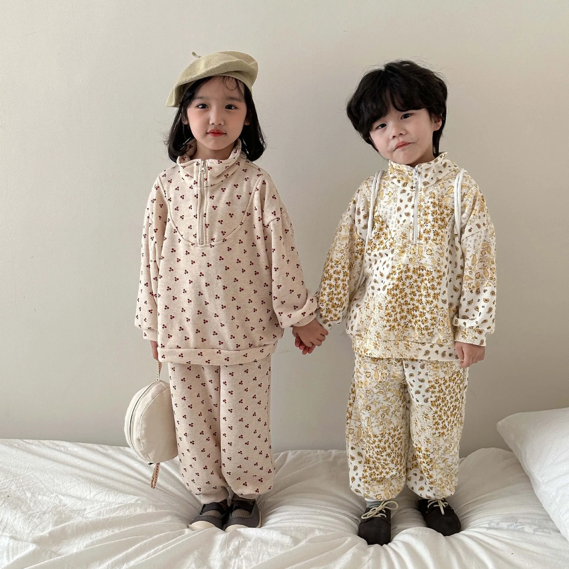 2024 Spring Autumn Kids Tracksuit Girl Baby Floral Print Sweatshirt Set Boy Children Flower Loose Cotton Casual Tops+Pants 2pcs