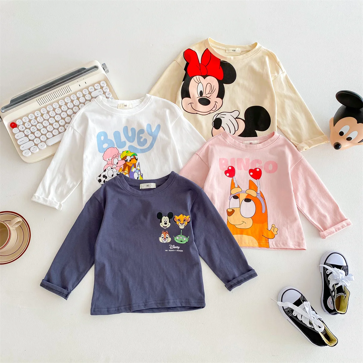 2024 Spring New Long Sleeve T-shirt Printed Cartoon Mickey Kids Girl Base Shirt Crewneck Pullover Tops Children’s Clothes Blouse