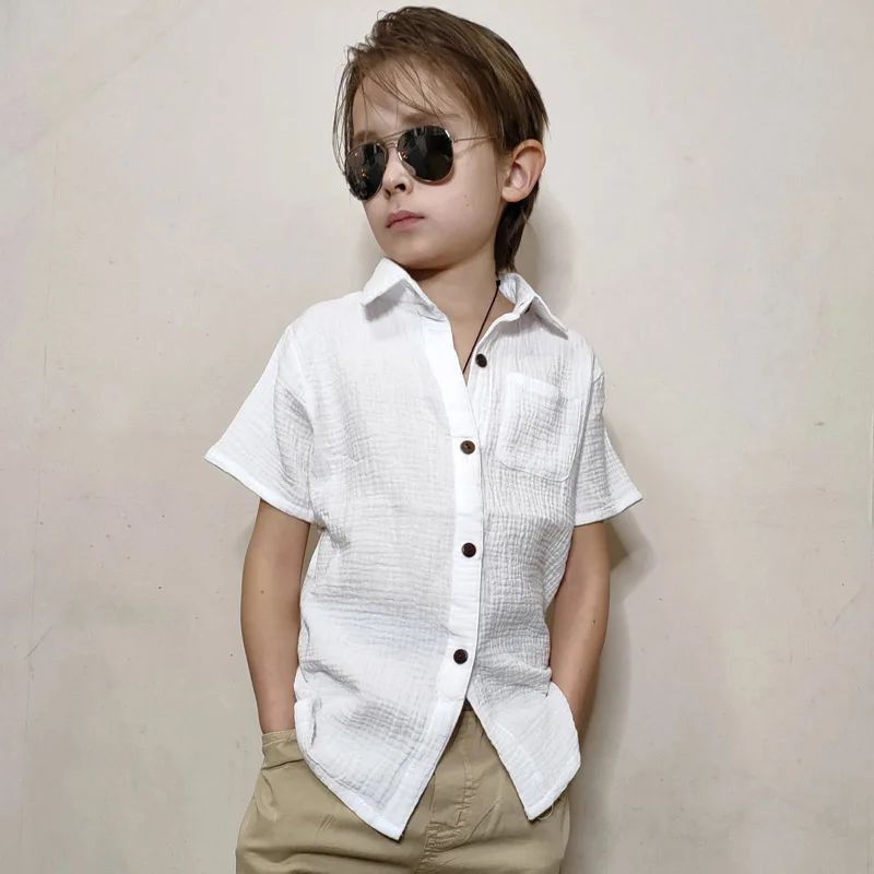 2024 Summer School Clothes Linen Cotton White Shirts Boys Girls Children’s T-Shirt Short Sleeve Top Tee Kids Blusa 90-140 Height