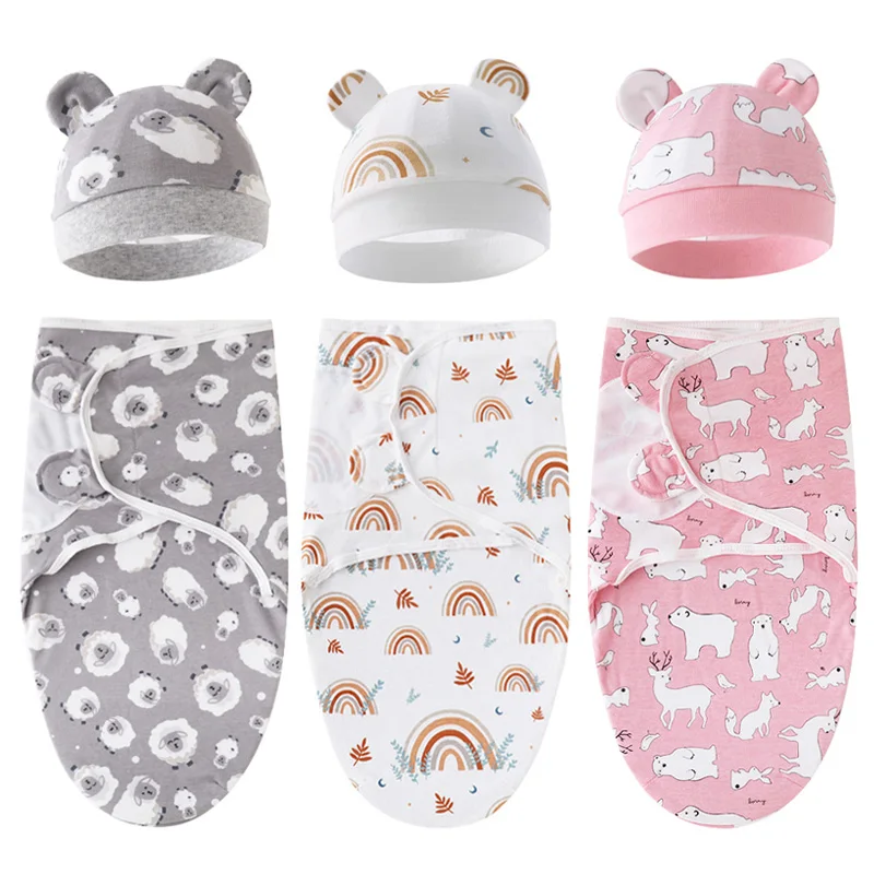 2Pcs Newborn Swaddle Blanket Hat Adjustable Baby Sleeping Bag Cotton Newborn Baby Birth Sleepwear Swaddle Wrap Babies Bedding