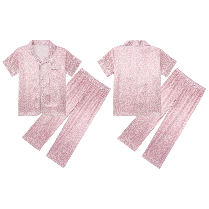 2Pcs Summer Kids Pajama Solid Button-Down Blouse with Pant Fashion Faux Silk Leopard Print Pyjamas Set Girl Cool Sleepwear 6-12Y