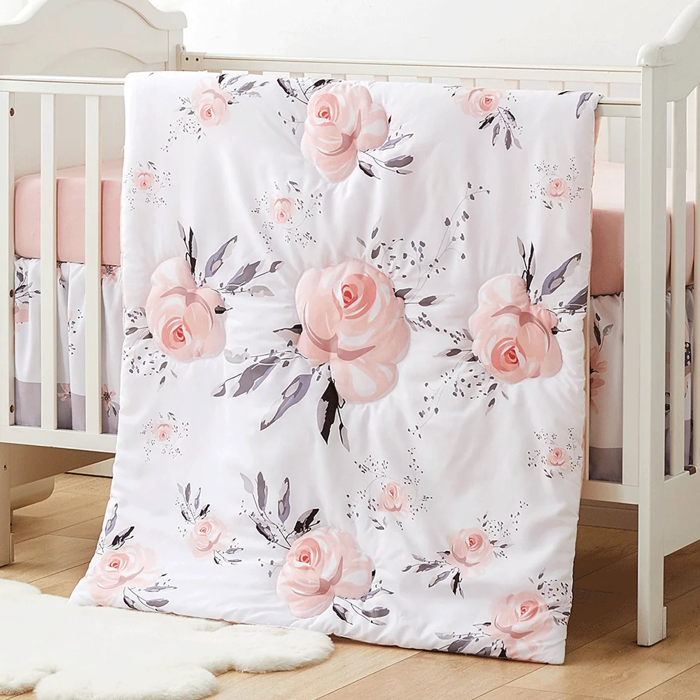 4 Pcs Crib Bedding Set For Boys Girls Including Blanket Crib Skirt Crib Sheets Diaper Stacker Pink Flower Soft Baby Bedding Set