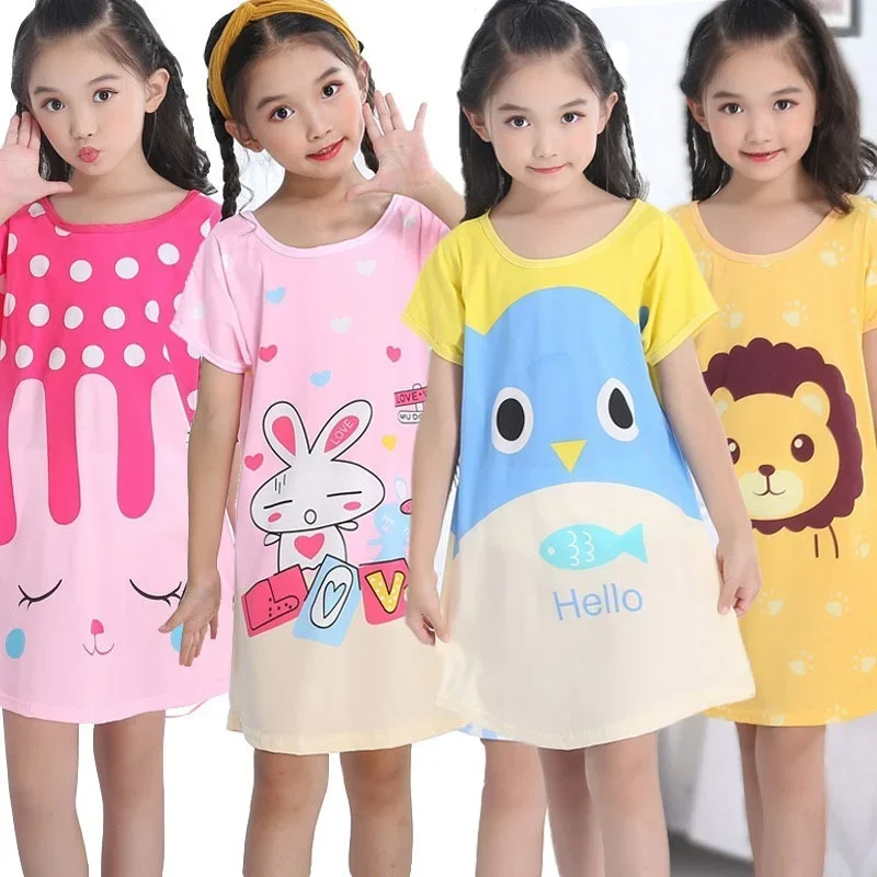 9-10Y Summer Girl Nightgown Cartoon Pajamas Dress for Kids Teenager Night Dress Baby Nightdress Cute Children Clothing