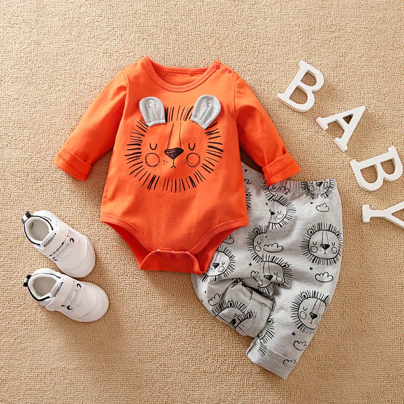 Animal – Orange lion print long sleeve with pants cotton fashion set，0-18 months Newborn Baby boy Spring and Autumn Round Neck