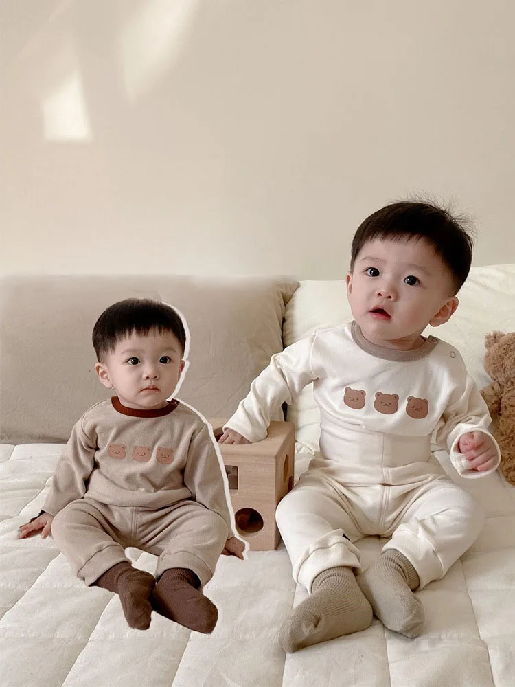 Autumn And Winter Newborn Baby High Waist Belly Pants And Bear Base Shirt Cartoon Printed Home Wear Set Soft Kawaii Two Piece