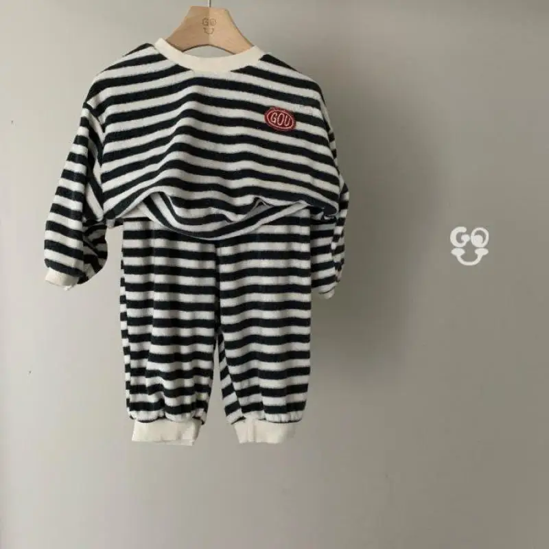 Autumn Winter Kid Striped Plus Velvet Tops+Pants 2ps Boy Children Fleece Casual Sweatshirt Set Girl Baby Thick Warm Clothes Suit