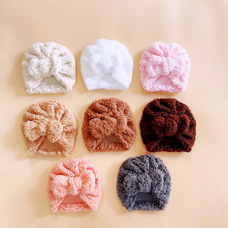 Autumn and winter warm baby cap headwear new children’s lamb’s wool big bow set of head cap baby accessories newborn
