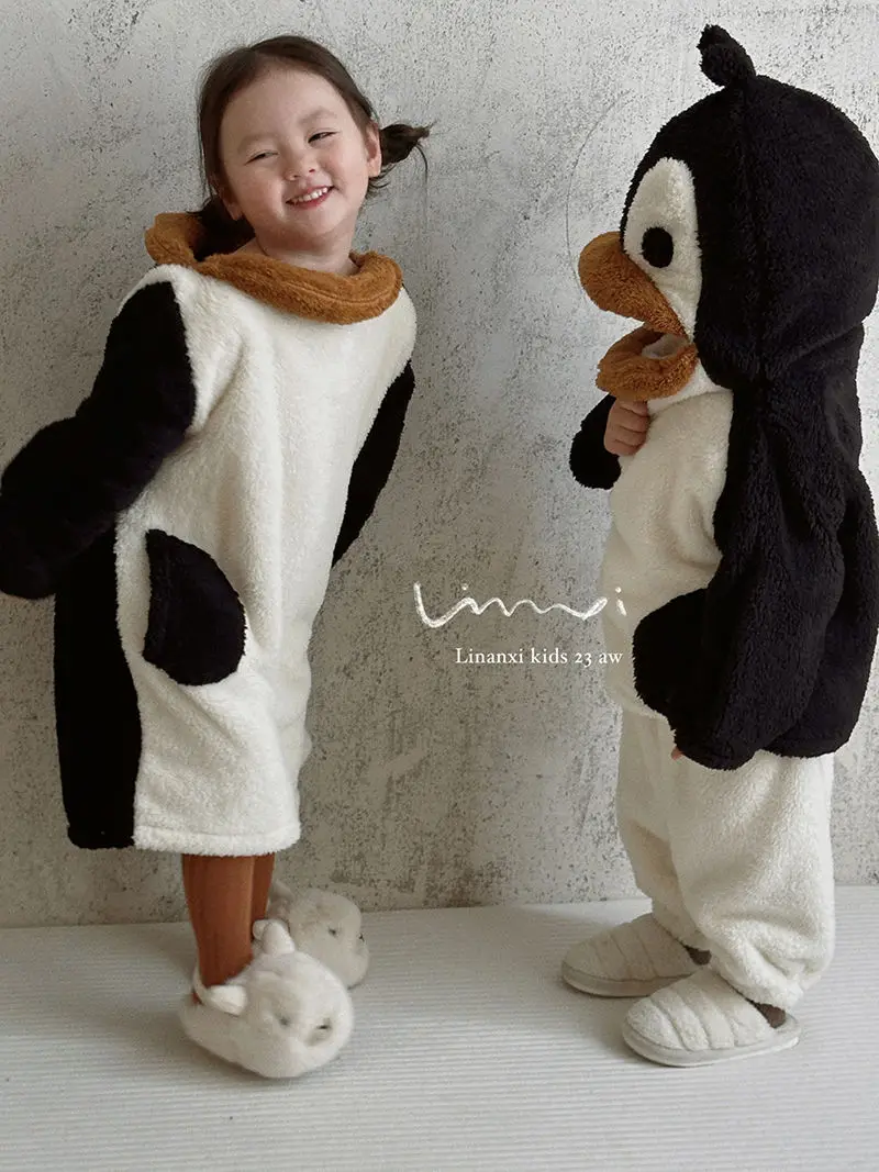 Baby Boy Girl Cartoon Cute Penguin Fleece Pajamas Set Warm Infant Toddler Child Winter Hoodie Kid Home Outfit Baby Clothes 1-12Y