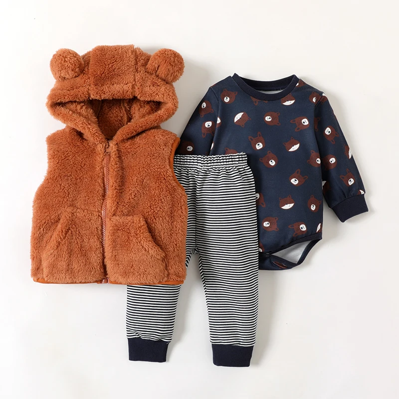 Baby Brown Bear Jacket + Printed Long Sleeve Hoodie + Striped Pants 3 Pcs Boys Girls Cute Style Fashion Casual Kids Wear