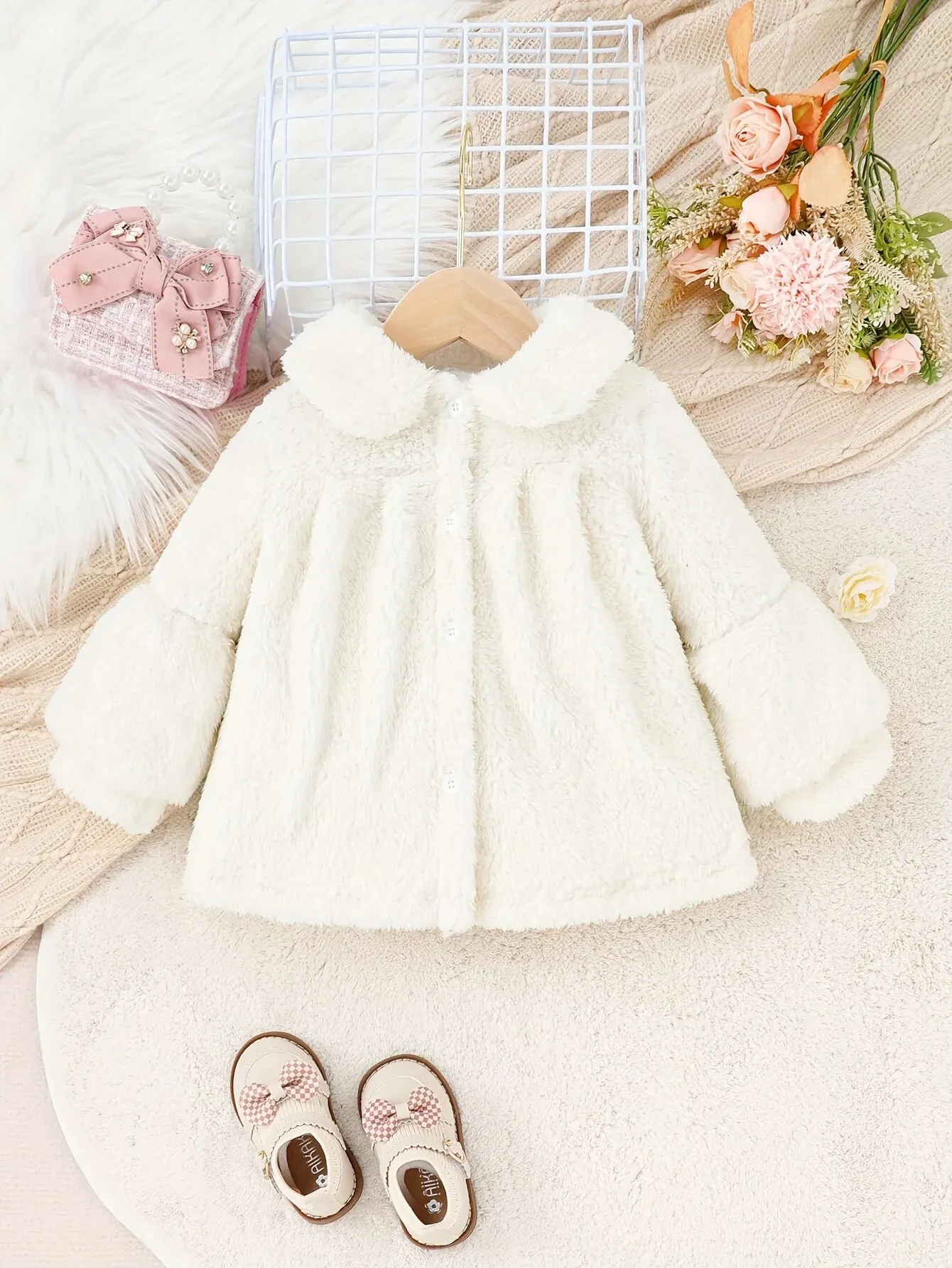 Baby Girl Autumn and Winter New Sweet Foreign Fashion Outdoor Cute Warm Windproof Comfortable Fluffy White Coat