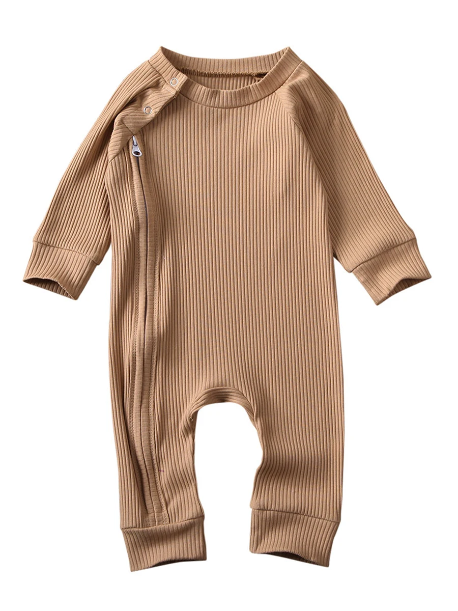 Baby Girls Boys Autumn Ribbed Romper Long Sleeve Crewneck Solid Color Zipper Jumpsuit