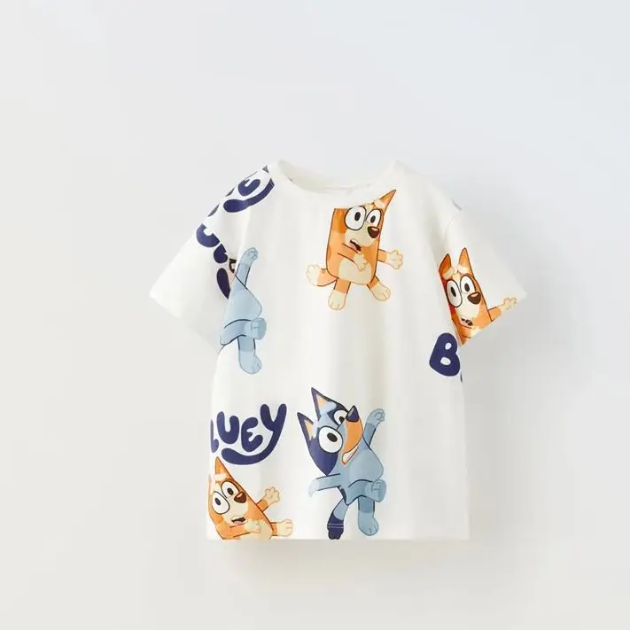 Boys Cartoon T-shirt Printing Round Neck Casual Loose Base Shirt Child Costume Fashion Cute All-match Short Sleeve Blue Tees