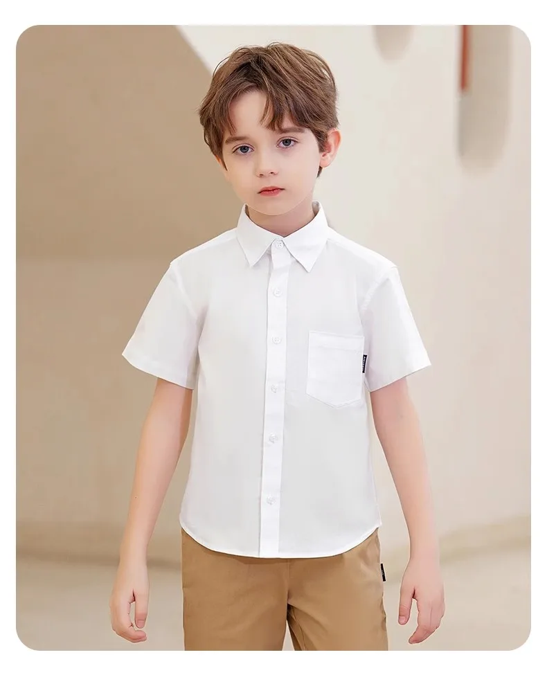 Boys Solid Basic Lapel Button Down black and white Shirt, Kids Preppy short Sleeve Top For Daily Wear, Formal Occasion