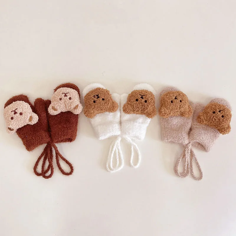 Cartoon Bear Baby Gloves Winter Warm Knitted Baby Girl Mitten Children Toddler Thick Teething Mittens Boys Accessories 1-4Y