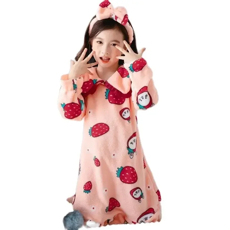 Children’s Autumn Winter Flannel Pajamas Baby Girls Cartoon Lapels Long-sleeved Nightgown Girls Thickened Long Home Clothes