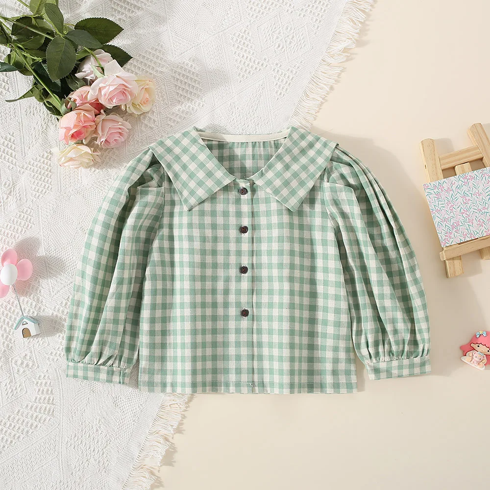 Children’s Shirt Girl’s Long sleeved Cotton Spring and Autumn Korean Edition Flip Collar Single breasted Checkered Baby Top