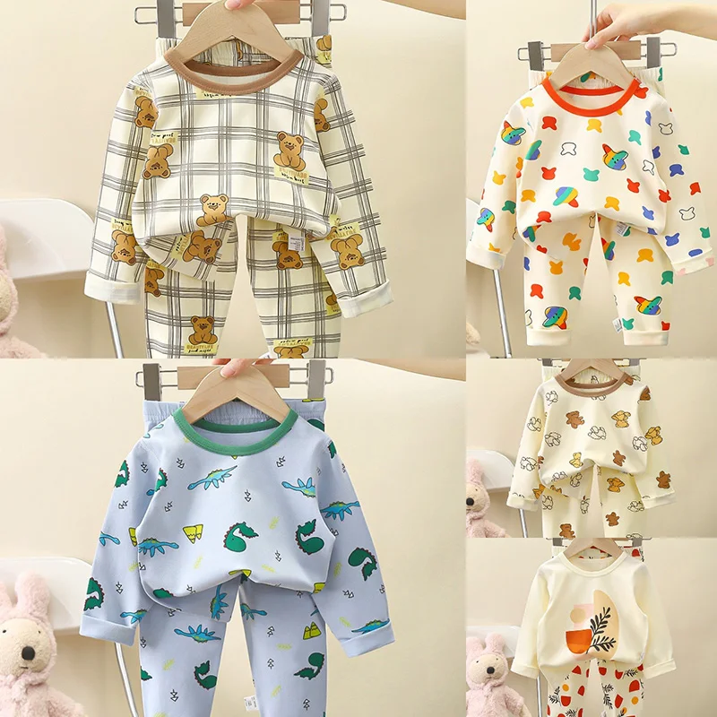 Children’s Spring Underwear Two-Piece Suit New Long-Sleeved Cartoon Boys and Girls Comfortable Pajamas Baby Plaid Homewear