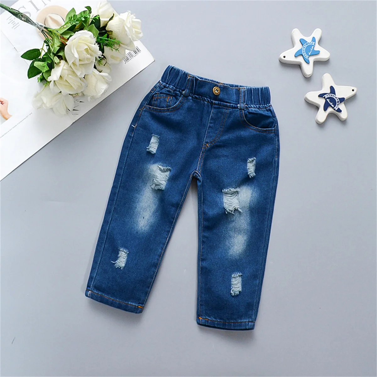 Children’s jeans children’s clothing spring and autumn seasons versatile girls straight leg perforated casual boys’ pants