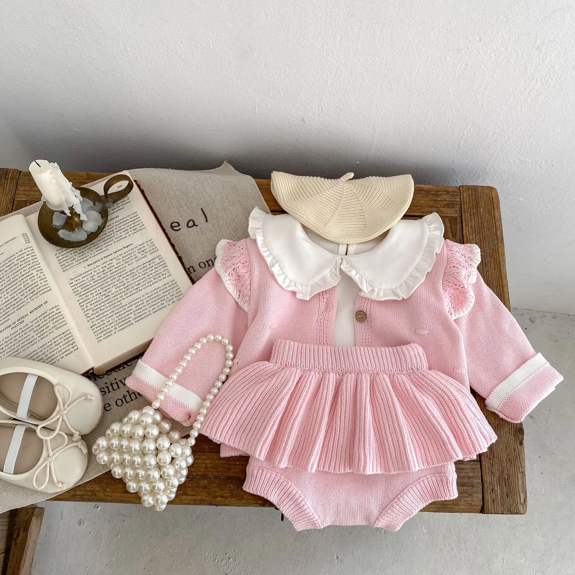 Coats Autumn Children Baby Clothing Pink Long Sleeved Knitting Coat Lotus Leaf Skirt Pants Button Round Collar Soild
