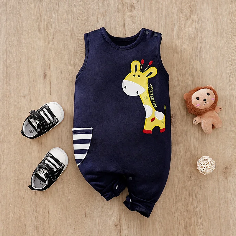Cute blue Giraffe Embroidered printing Baby romper Toddler’s Comfy Cotton Summer sleeveless One-Piece baby pajamas 0-12 months