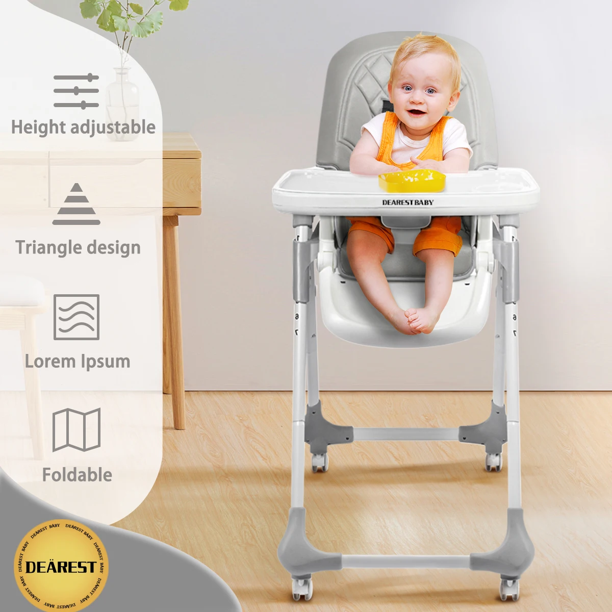 DEAREST Children’s High Chair Adjustable One-touch Folding Baby High Chair Multifunctional Height-adjustable Baby High Chair