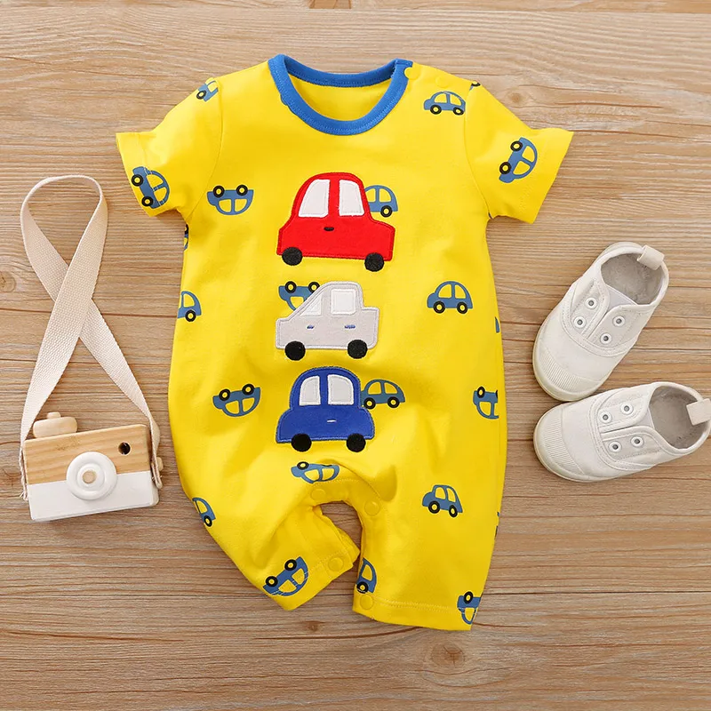 Fashion Newborn Baby Boy Summer short sleeve and Round Collar yellow Cartoon Car Print Romper 0-18M cotton comfort baby pajamas