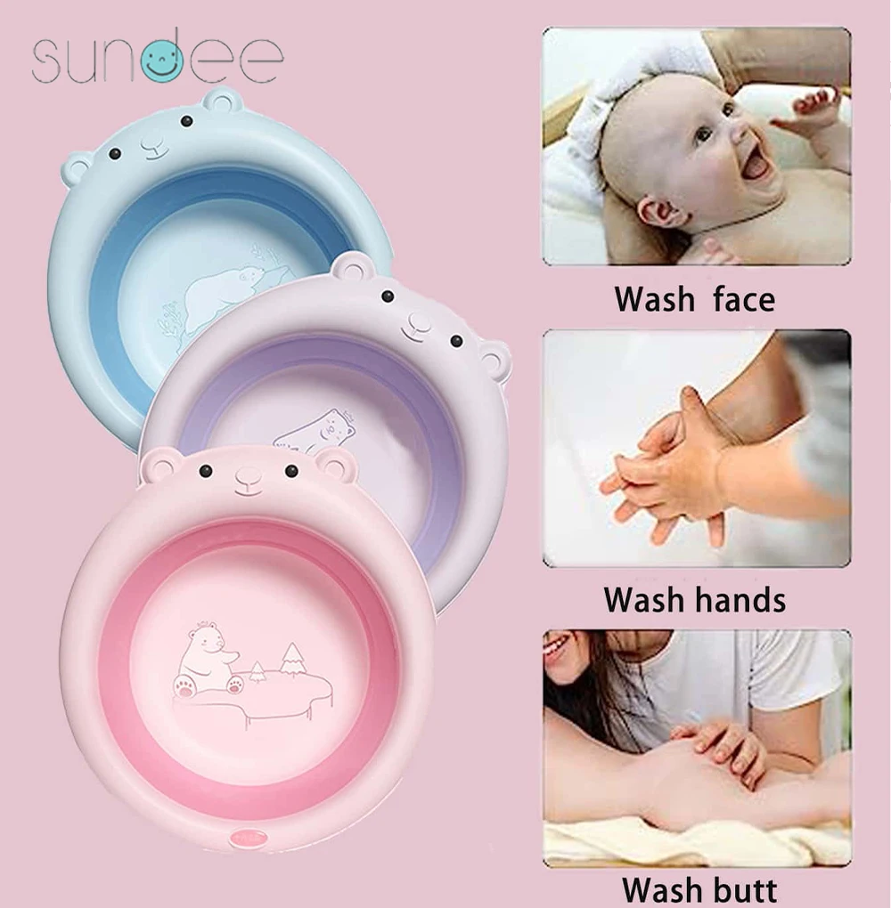 Folding Baby Basin Children Washbasin Retractable Portable Cartoon Bear Kids Plastic Basin Household Newborn Bath Tub Washbasin