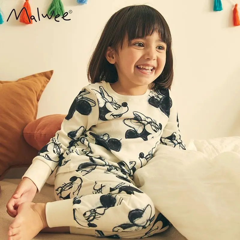 Full-print Minnie Cute Baby Girl Long Sleeved Suit Autumn Winter Children Clothes Underwear Set Cartoon Cotton Kids Pajamas