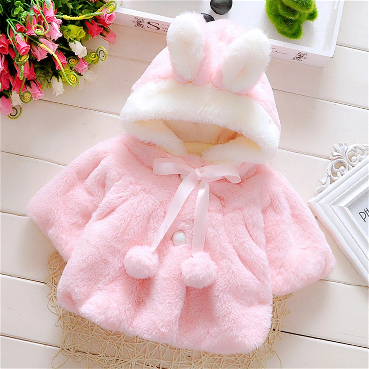 Girls’ Sweater Shawl Autumn Hooded Cartoon Solid Color Plush Short Sleeve Coat