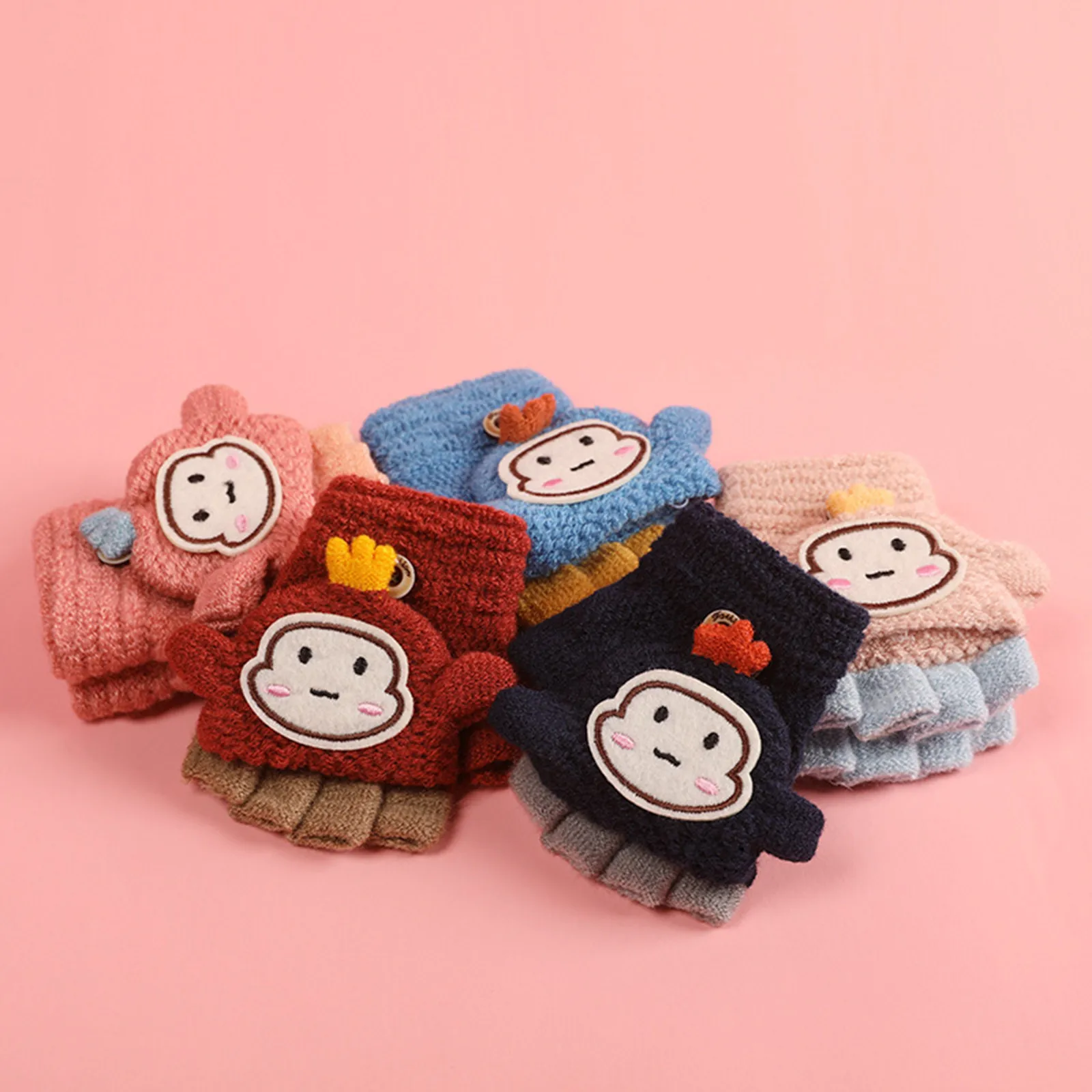 Half Finger Knitted Gloves Toddler Infant Flip Top Cartoon Gloves Kids Baby Boys Girls Winter Warm Knit Fingerless Mittens
