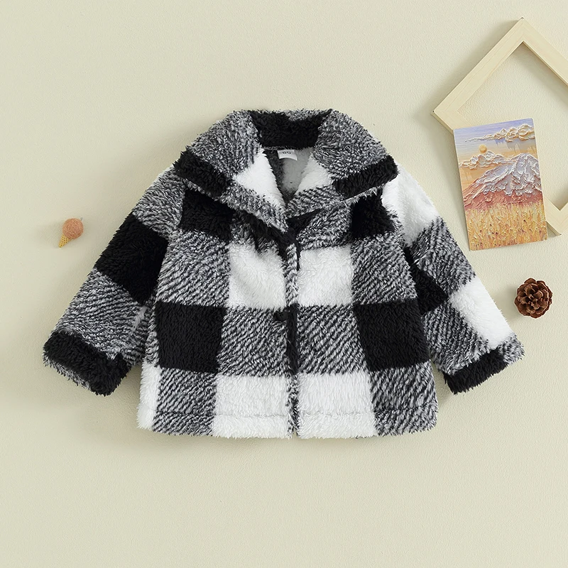 Kids Toddler Plush Jacket Unisex Plaid Print Long Sleeve Button Cardigan Winter Coat for Infant Baby Spring Fall Outwear