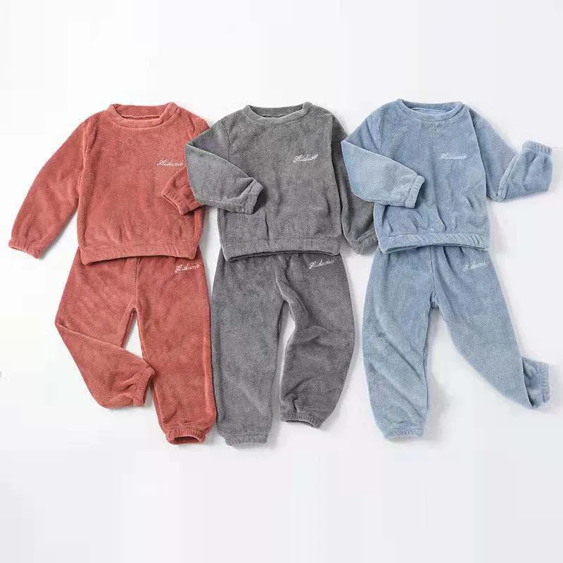 Kids Warm Soft Flannel Pajamas Sets Autumn Winter New Baby Boys Girls Solid O-neck Pullover Warm Sleeping Sets Pyjamas