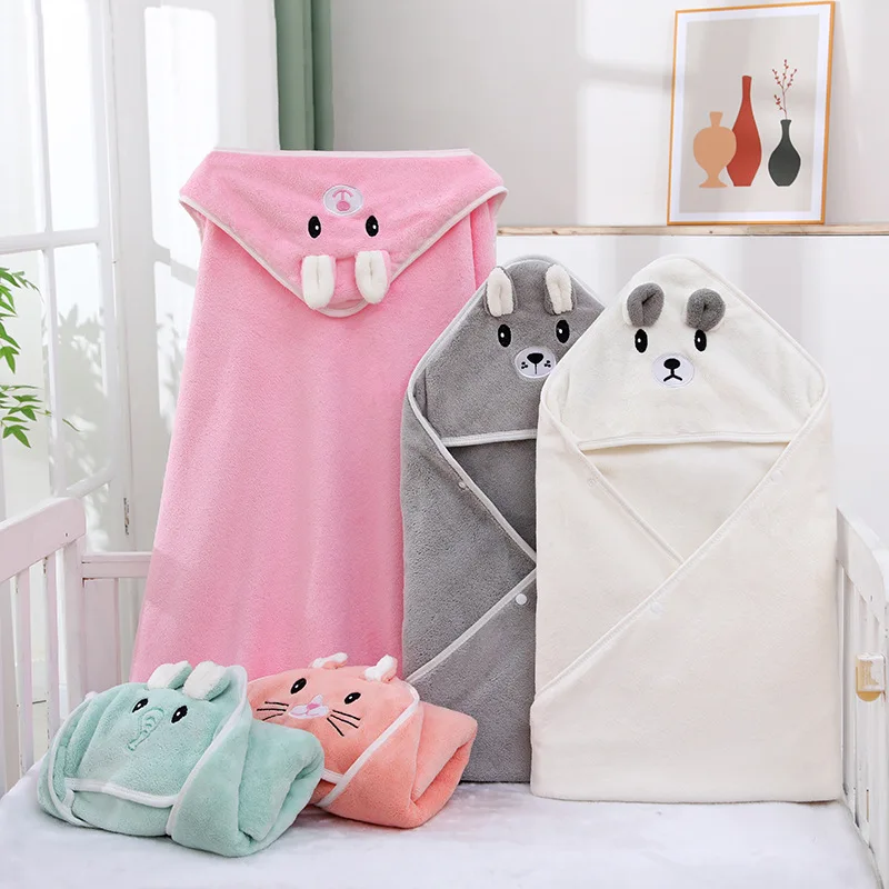 Newborn Baby Bath Towel Solid Color Embroidered Cartoon Coral Fleece Soft 80*80cm Baby Hooded Bath Towel Bathrobe Swaddling