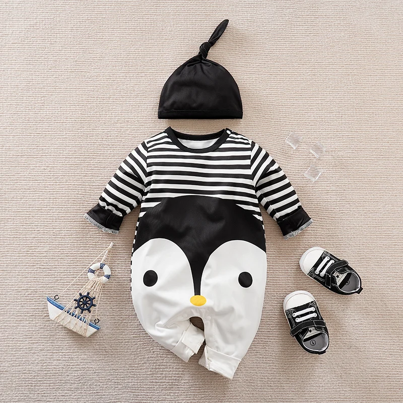 Newborn Clothes Cute Cartoon Penguin Print Comfortable And Soft Spring And Autumn Long Sleeved 0-18m Baby Jumpsuit+Hat