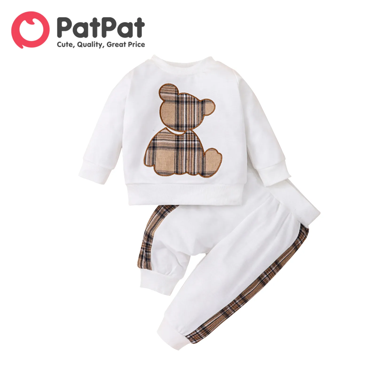 PatPat 2pcs Baby Boy/Girl Long-sleeve Plaid Print Bear Embroidered Sweatshirt and Sweatpants Set
