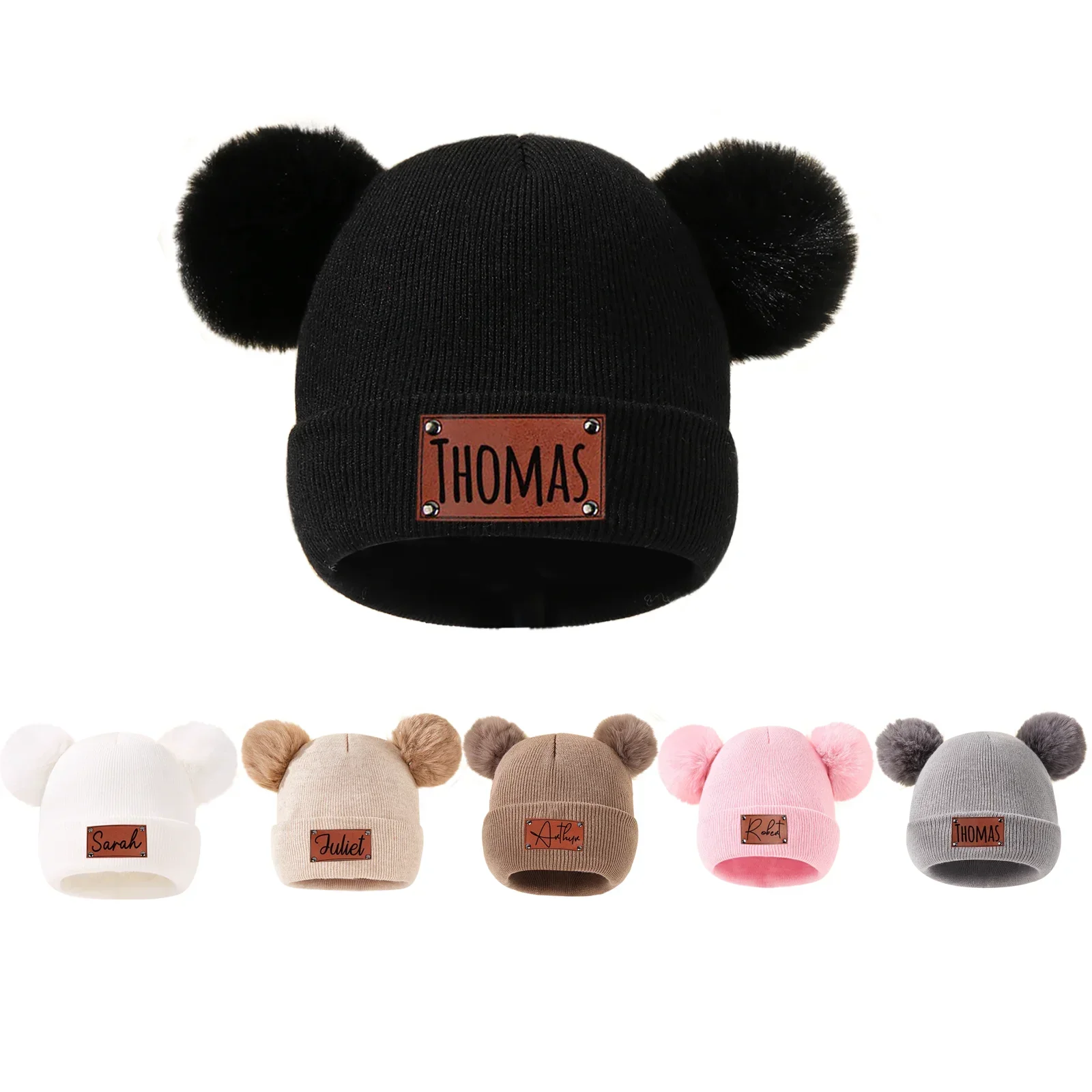 Personalized Newborn baby Beanies Leather Patch Beanies for Baby Infant Beanie with Name Baby Warm Knitted Hats With Pom