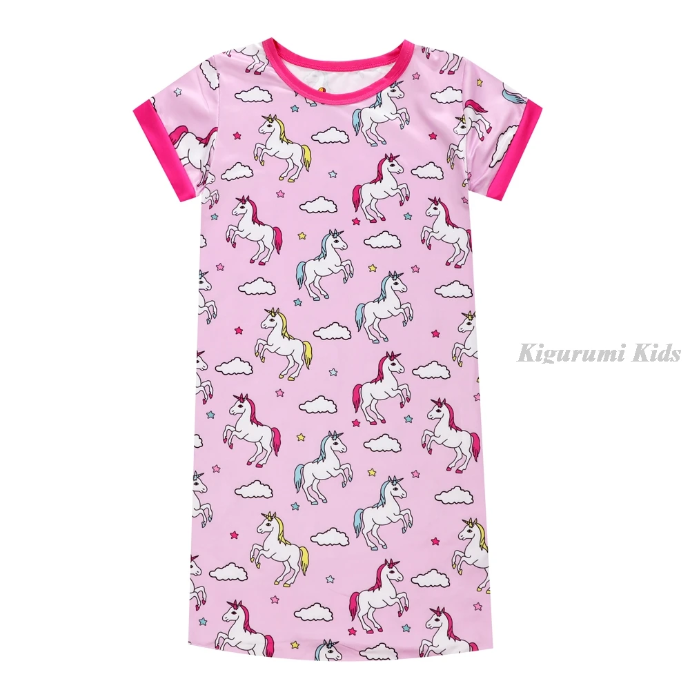 Pink Girl Kids Girls Night Dress Summer Nightgown Girl Unicorn Pajamas Dress T-Shirt Long Sleepwear Nighty for Children Pyjamas