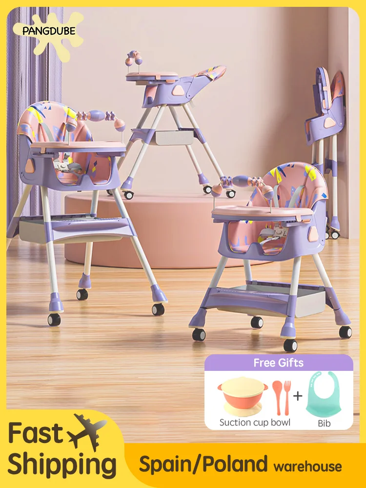 Reclining Baby Eating Chair Multi-functional Foldable Kids’ Dinning Chair 6 Months ~ 6 Years Old Baby Feeding Chair with Wheels