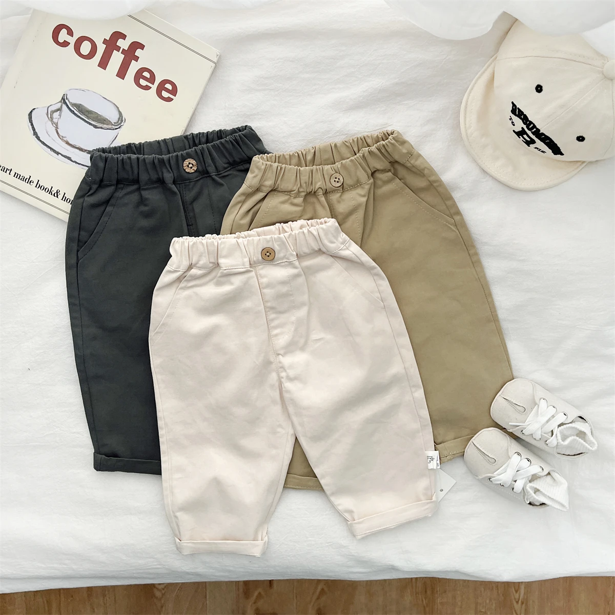 Spring And Autumn Newborn Baby Girls And Boys Trousers Simple Travel Elastic Waist Cotton Solid Korean Fashion Soft Casual