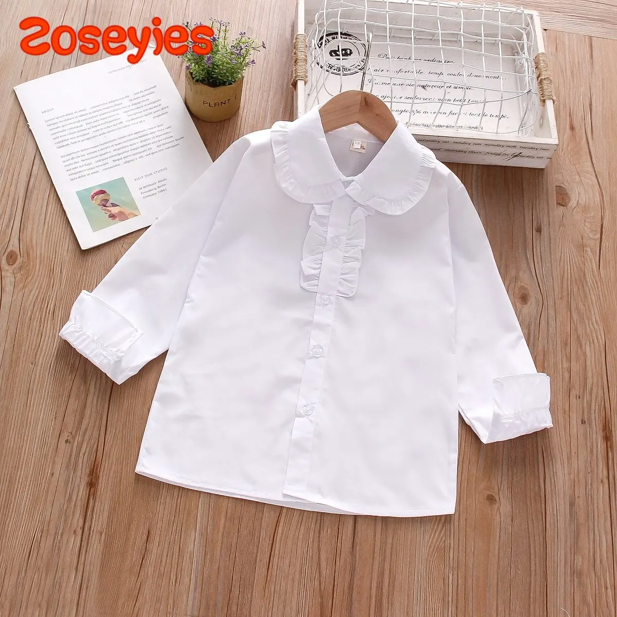 Spring Baby Girl’s White Shirt Solid Pocket Decorative Polo Long Sleeve Top Bottom Shirt