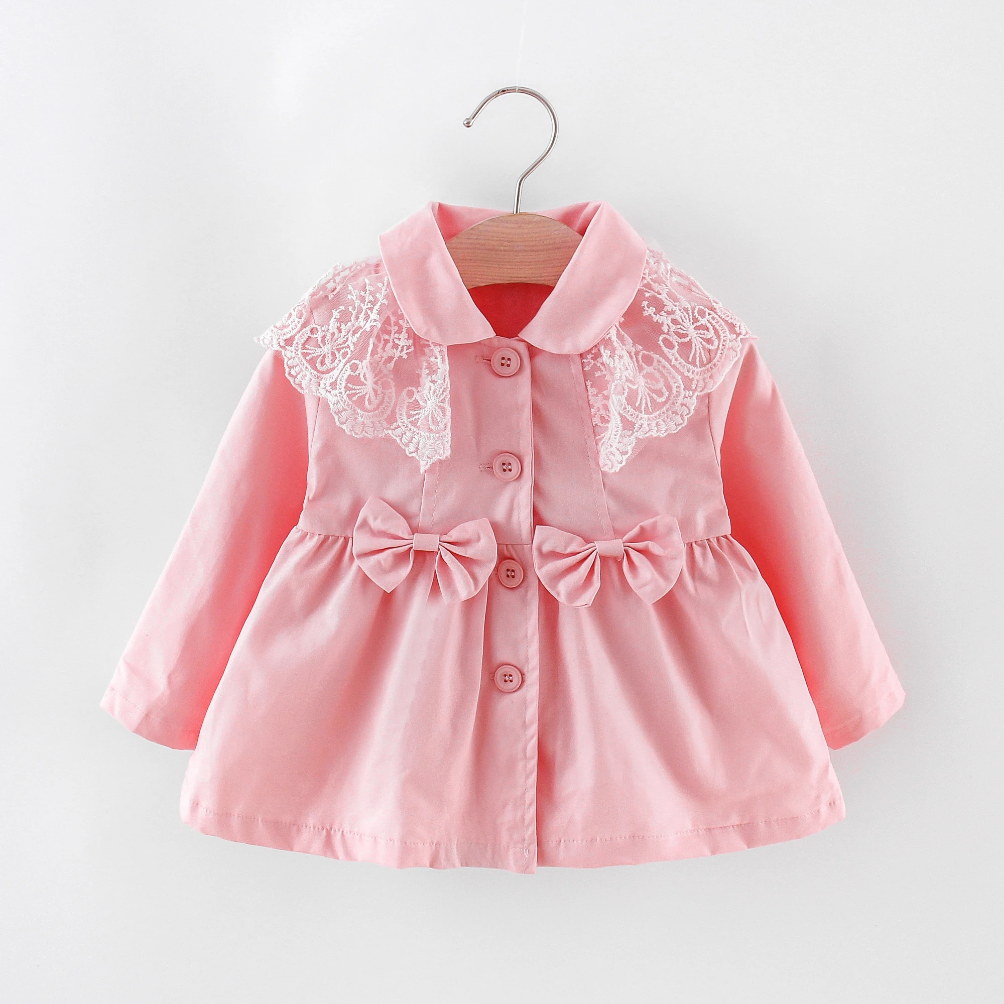 Spring and Autumn Children’s Coat Girl’s Two Bow Tied Lace Lapel Solid Color Long sleeved Single breasted Windbreaker