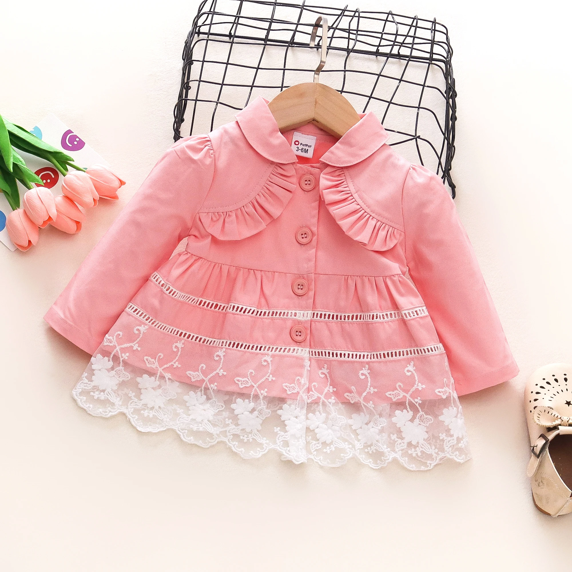 Spring and Autumn New Girl Baby Long sleeved Coat with Mesh Panel Baby Trench Trendy Girls’ Clothing (3-24 Months)