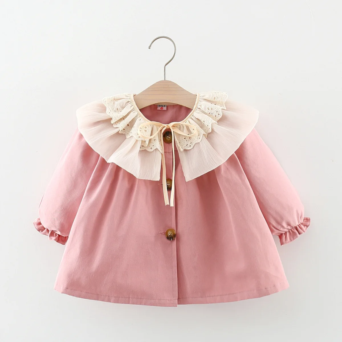 Spring and autumn baby girl windbreaker jacket girl lace lapel single breasted solid color windbreaker jacket