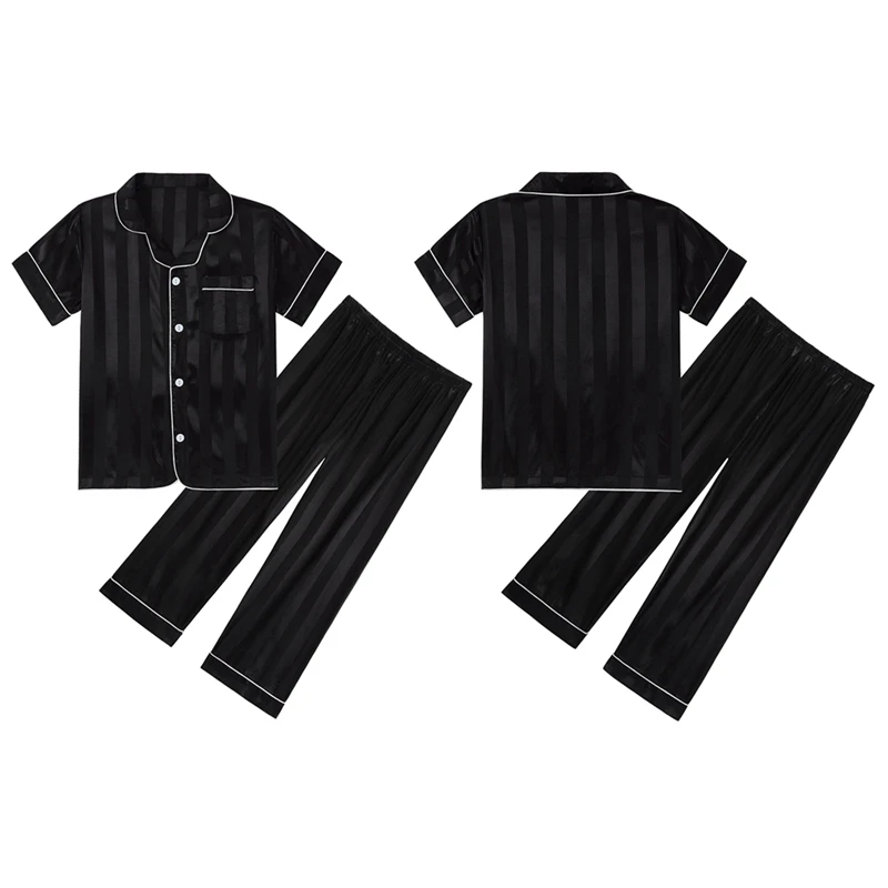 Summer Boy Girl Two Piece Pajama Striped Mock Silk Cool Short Sleeve Sleepwear Kids Teenagers Single Breasted Pyjamas Nightshirt